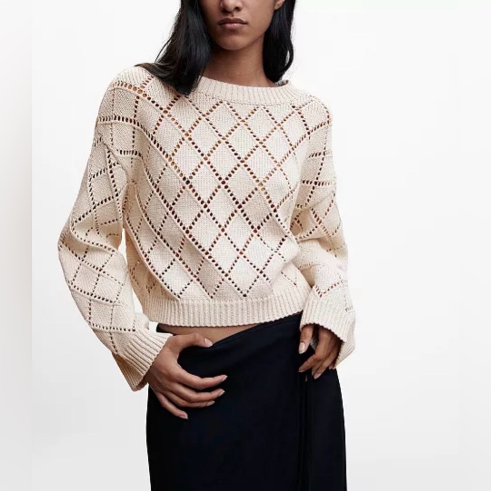 Mango Cotton Cropped Openwork Sweater